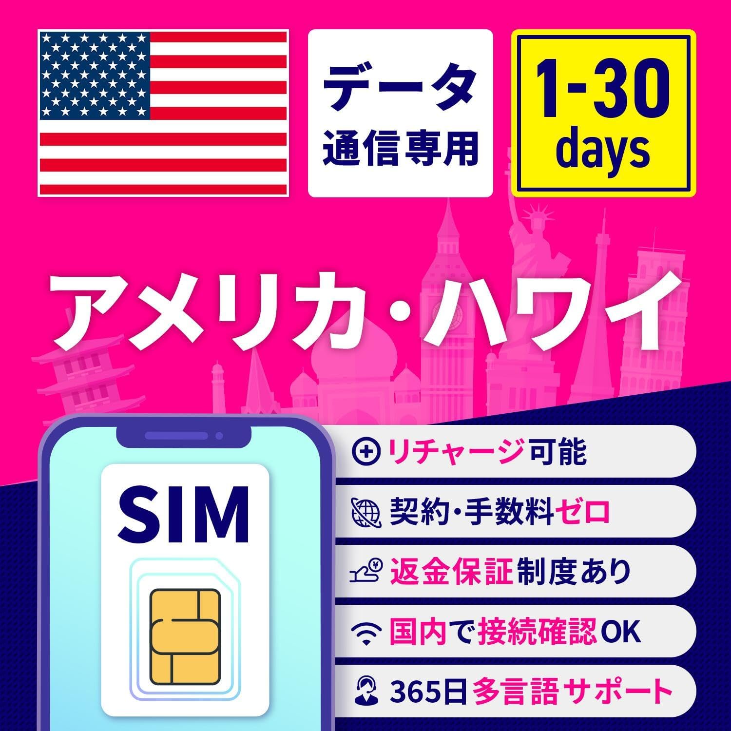 SIMカード アメリカ ハワイ 15日間 無制限/日 安心サポート リチャージ